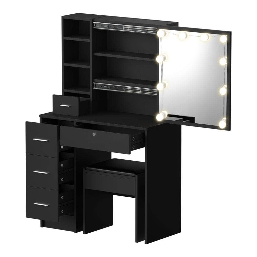 Dressing Table Stool Set Makeup Slide Mirror Drawer 10 LED Bulbs Black