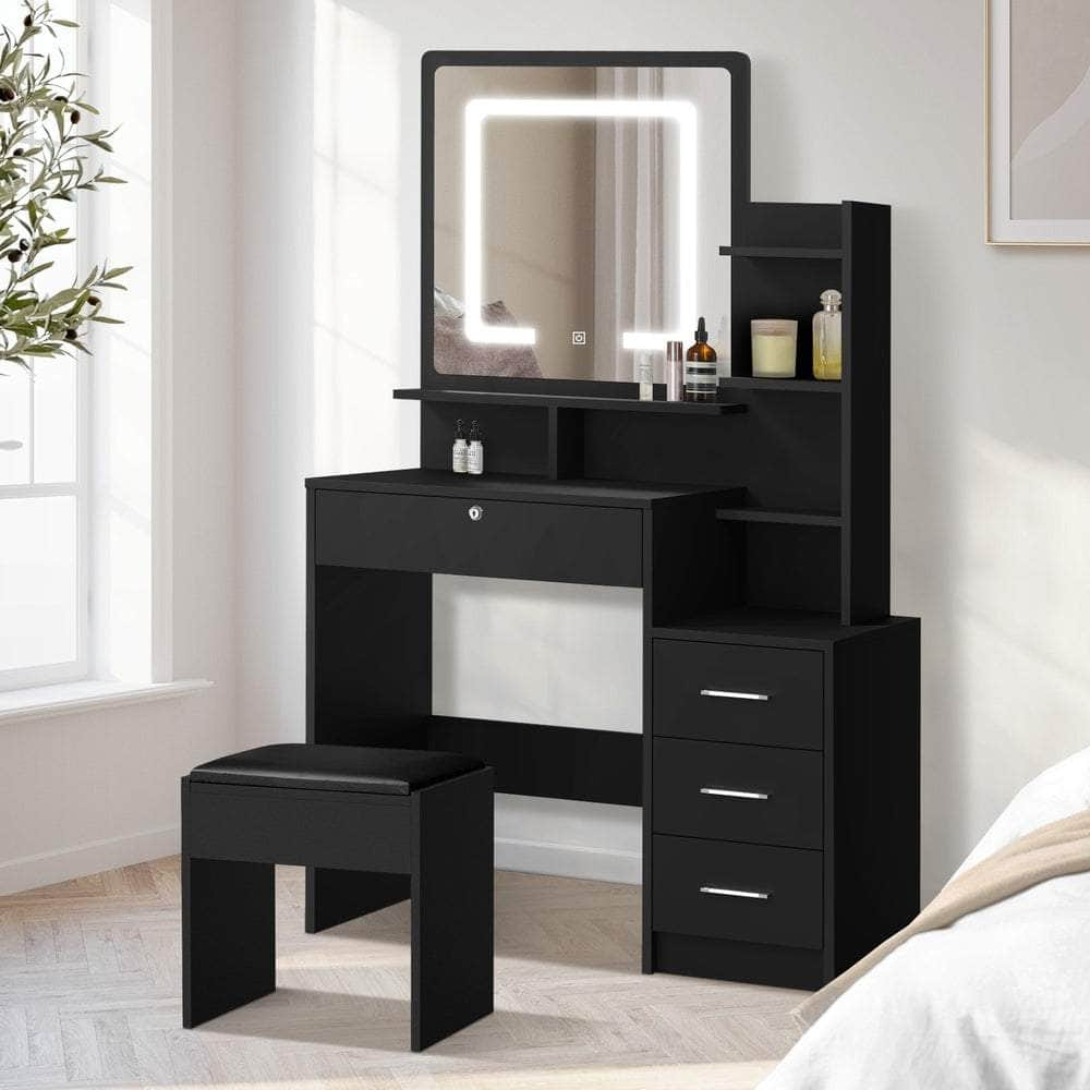 Dressing Table Stool Set Makeup Mirror LED Light Storage Cabinet Black