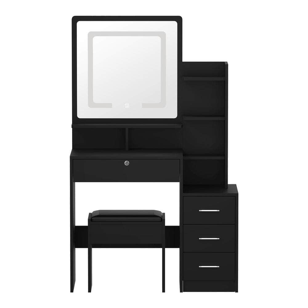 Dressing Table Stool Set Makeup Mirror LED Light Storage Cabinet Black