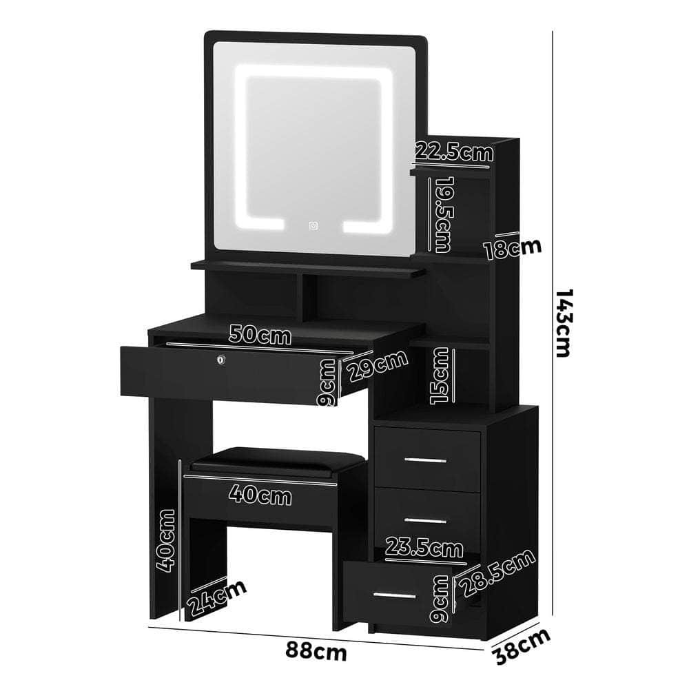 Dressing Table Stool Set Makeup Mirror LED Light Storage Cabinet Black