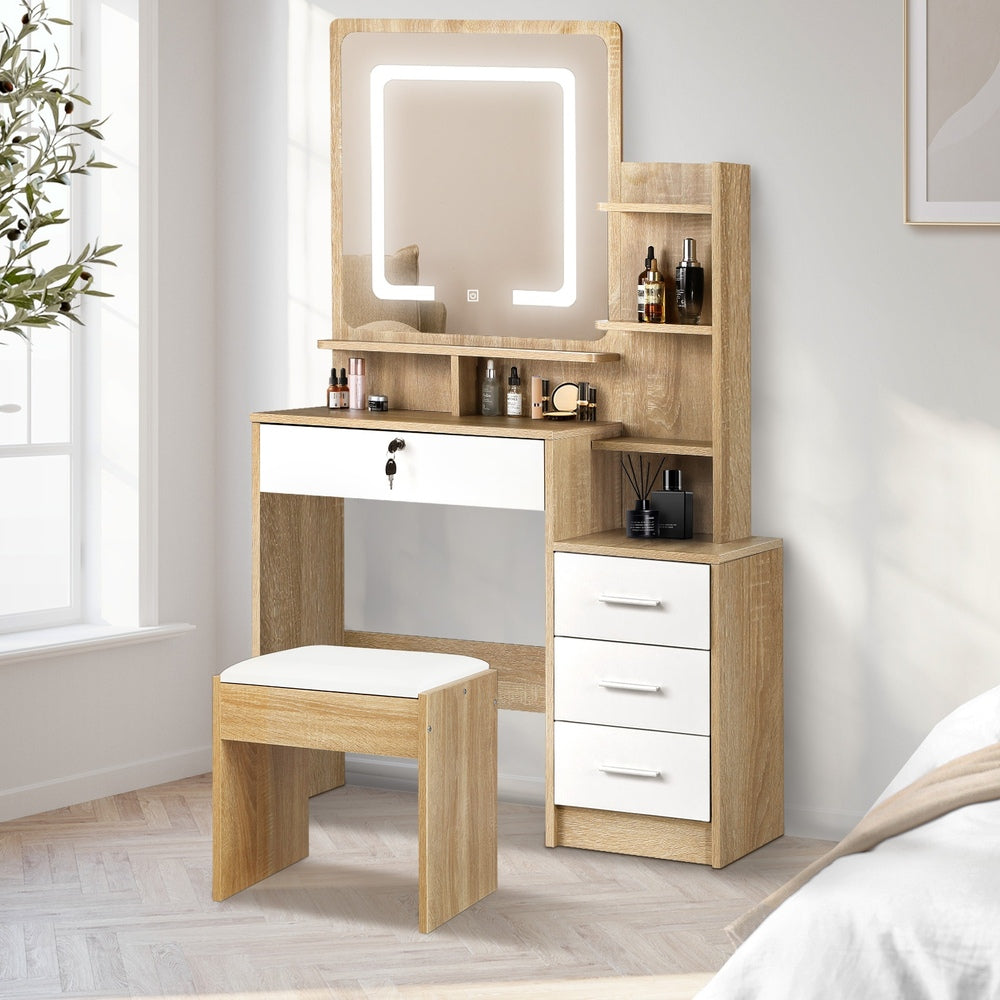 Dressing Table Stool Set LED Light Mirror Wooden White