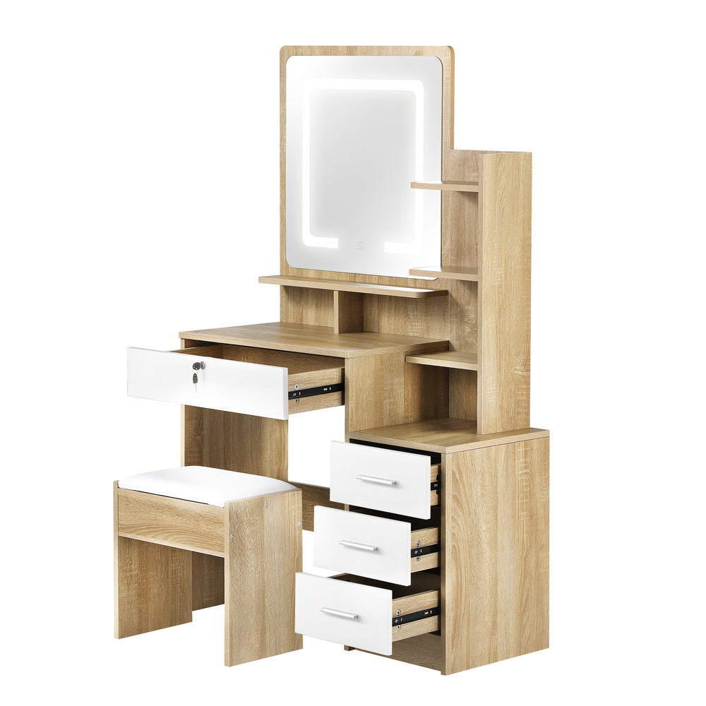 Dressing Table Stool Set LED Light Mirror Wooden White