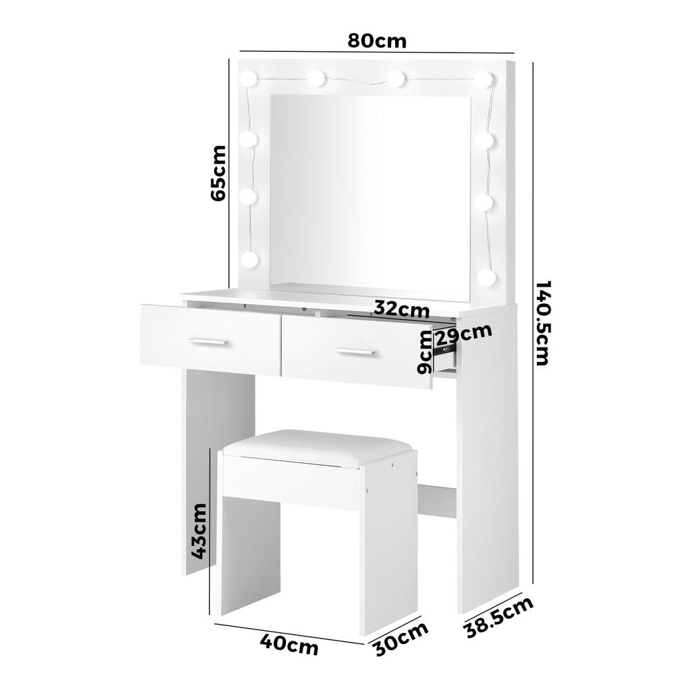 Dressing Table Stool Set Makeup Mirror Storage Desk 10 LED Bulbs