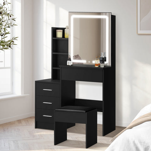 Dressing Table Stool Set LED Slide Mirror (Black/Natural/White)