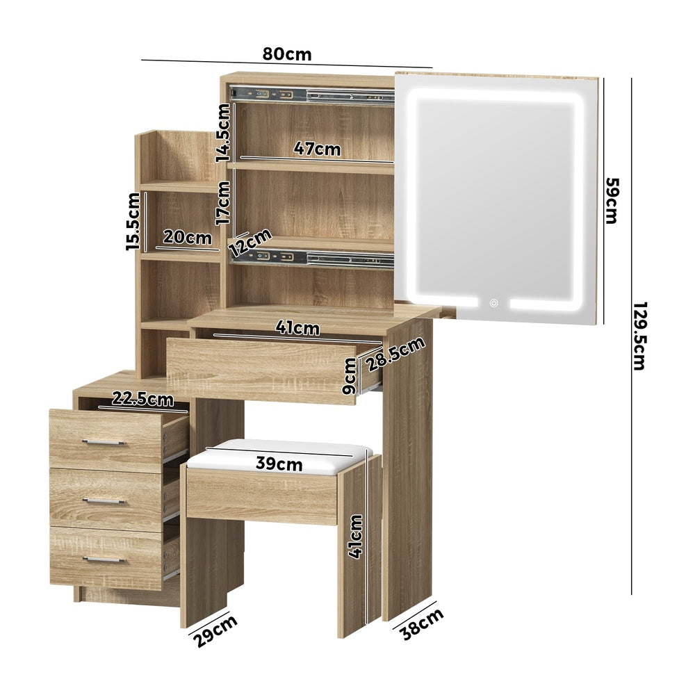 Dressing Table Stool Set LED Slide Mirror (Black/Natural/White)