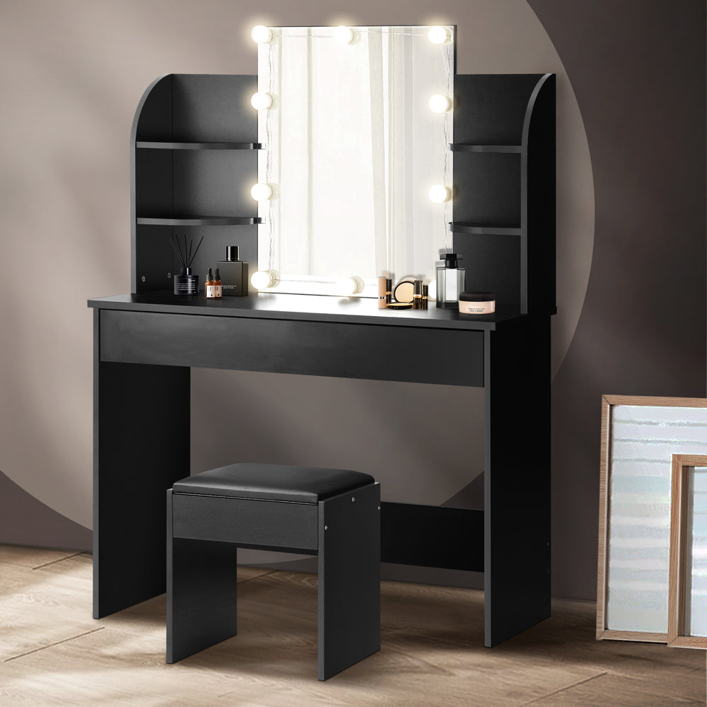 Dressing Table Stool Set Makeup Mirror Storage Drawer 10LED Bulbs Black