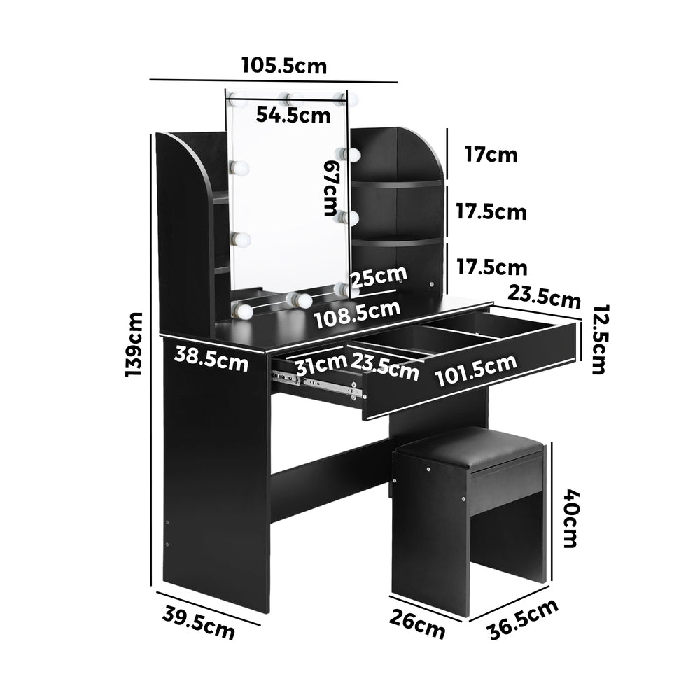 Dressing Table Stool Set Makeup Mirror Storage Drawer 10LED Bulbs Black
