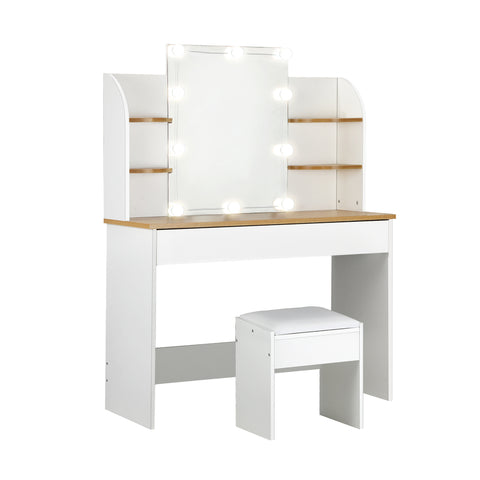 Dressing Table Stool Set with Makeup Mirror and 10 LED Bulbs-Black\White