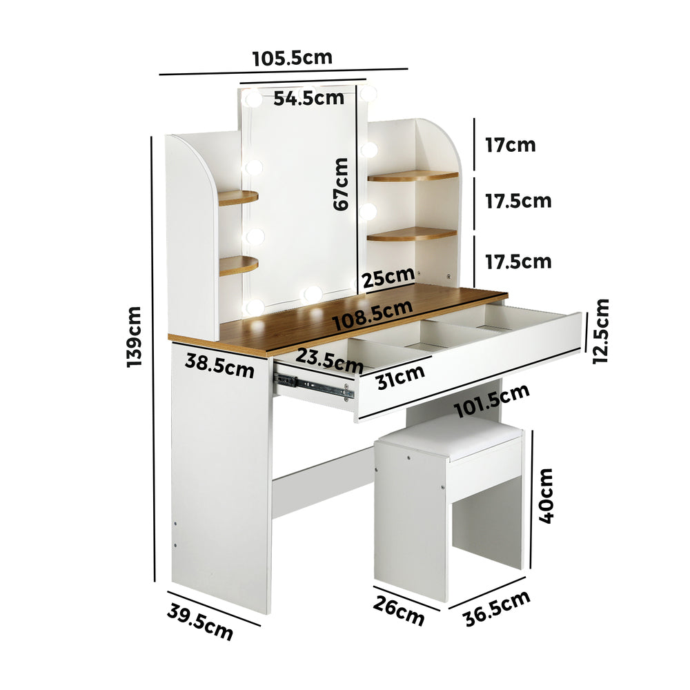 Dressing Table Stool Set with Makeup Mirror and 10 LED Bulbs-Black\White