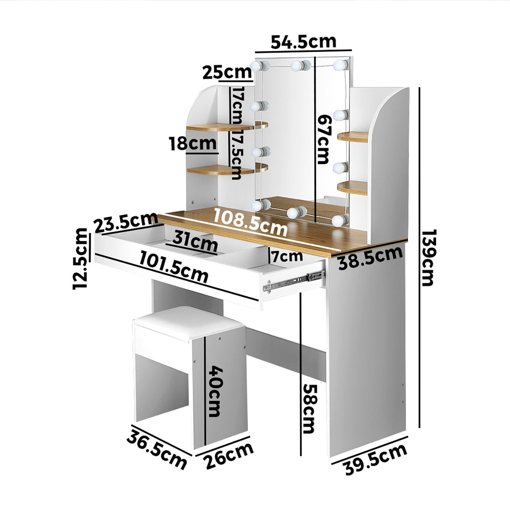 Dressing Table Stool Set with Makeup Mirror and 10 LED Bulbs-Black\White