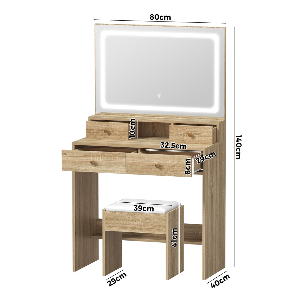 Dressing Table Stool Set LED Mirror Natural