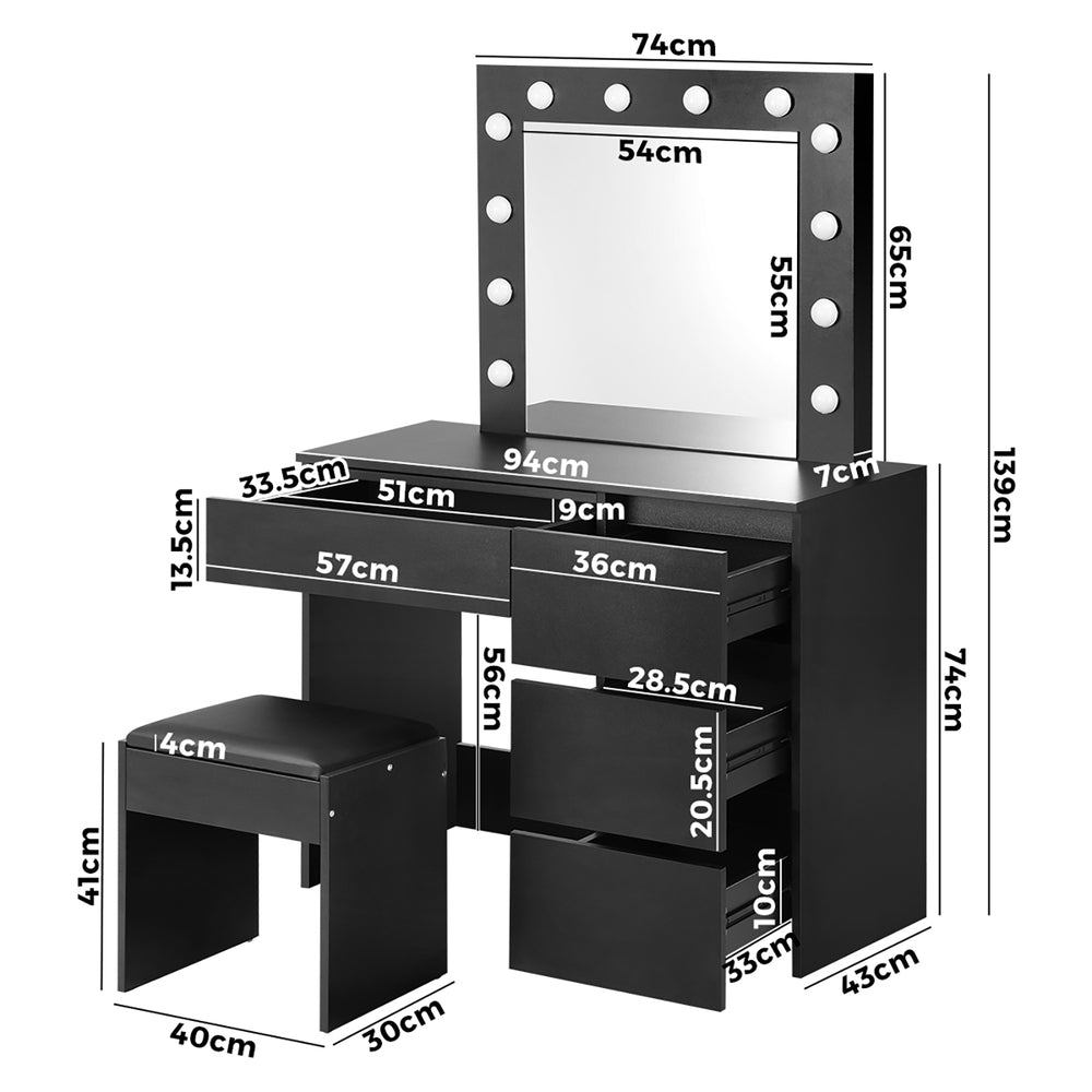 Makeup Desk with Mirror, Storage, and 12 LED Lighting-Wood\White\Black