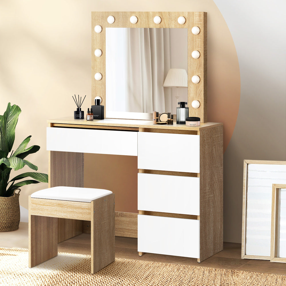 Makeup Desk with Mirror, Storage, and 12 LED Lighting-Wood\White\Black