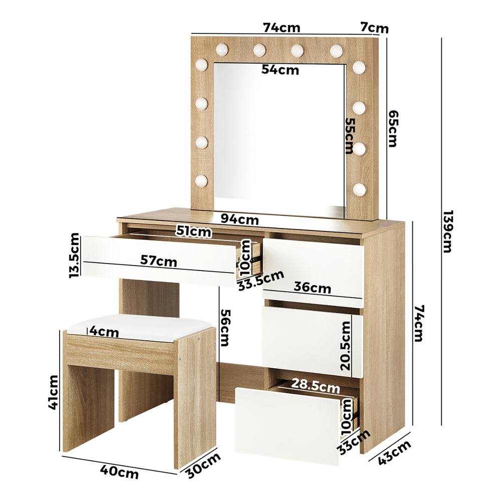 Makeup Desk with Mirror, Storage, and 12 LED Lighting-Wood\White\Black