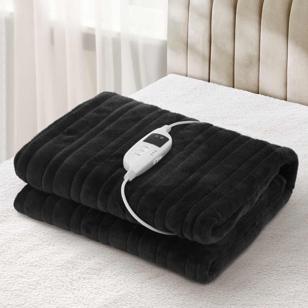 Washable Electric Heated Throw Rug Flannel Fleece Sherpa Black