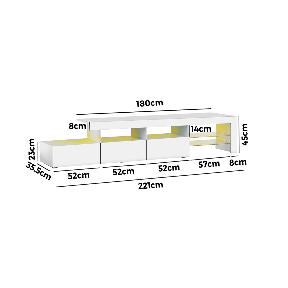 TV Cabinet Entertainment Unit Stand RGB LED Gloss Furniture White 220cm