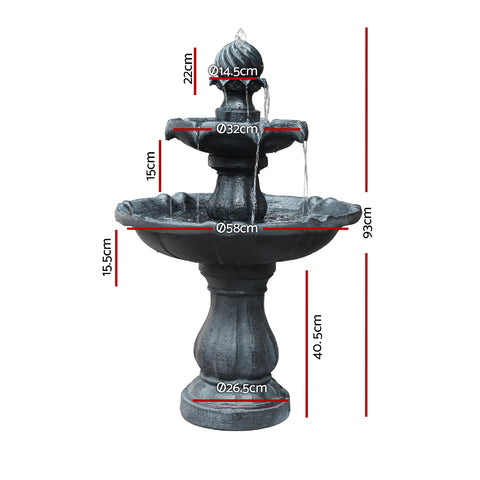 Solar Water Feature 3-Tier Fountain with Pump Kit Bird Bath 93CM Black