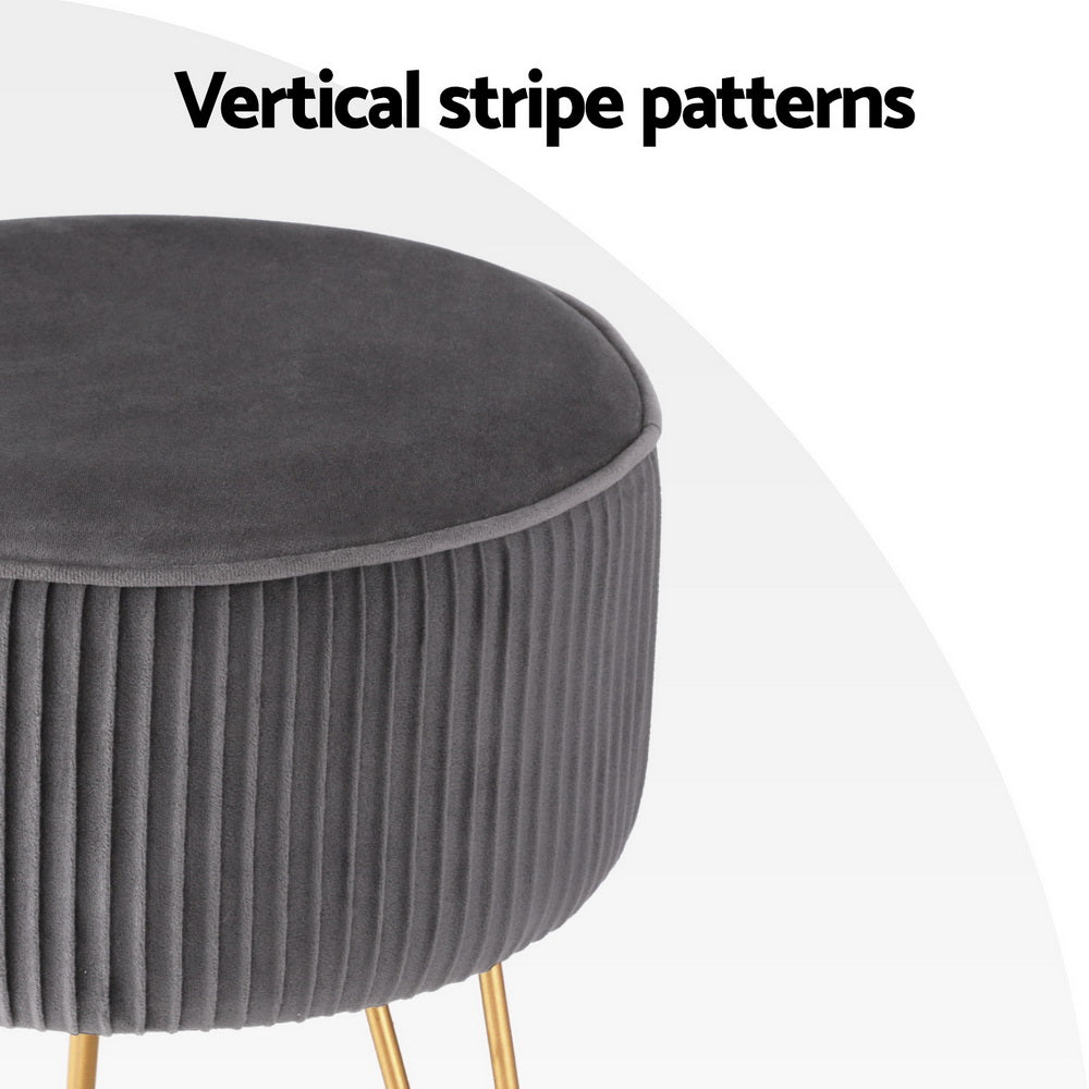 Ottoman Foot Stool Velvet Stripe Round Grey