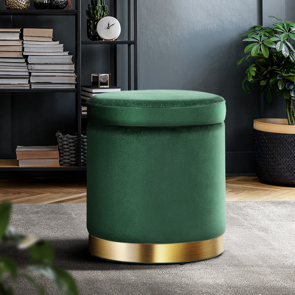 Ottoman Storage Foot Stool Round Velvet Green