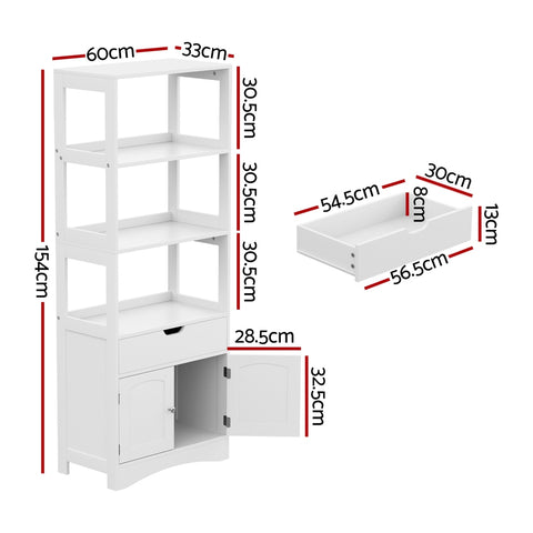 Bathroom Floor Storage Cabinet with 2 Drawers 3 Open Shelves 2 Doors White