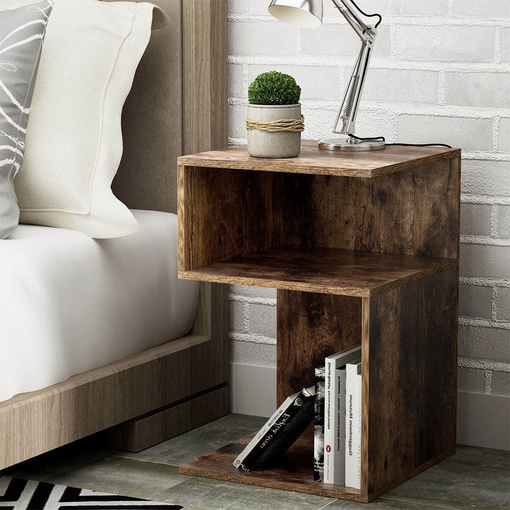 Bedside Table Shelves Side End Table Storage Nightstand Rust Oak UMENI