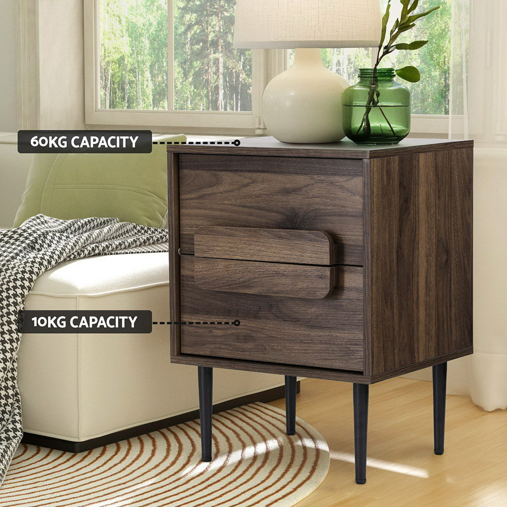 Bedside Table Nightstand 2 Drawers - Walnut