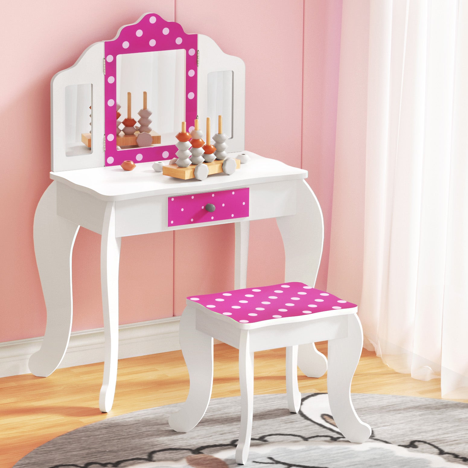 Kids Wooden Vanity Set with 3 Mirrors and Drawer Pink