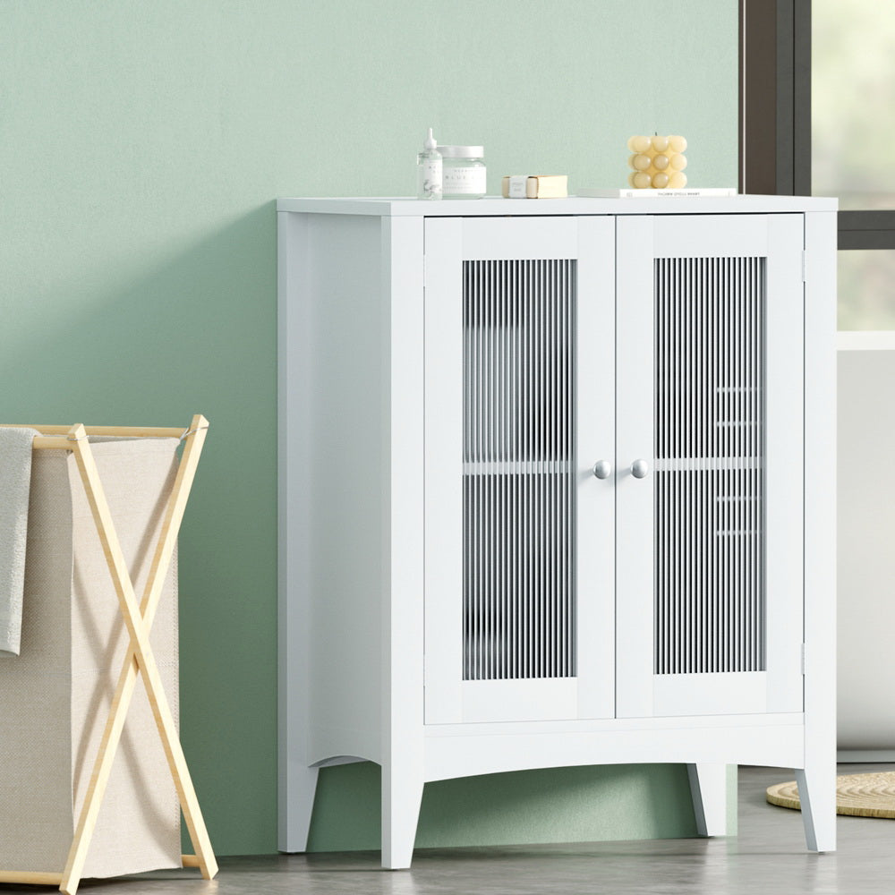 Sleek Bathroom Storage Cabinet - White Glass Sideboard 80CM