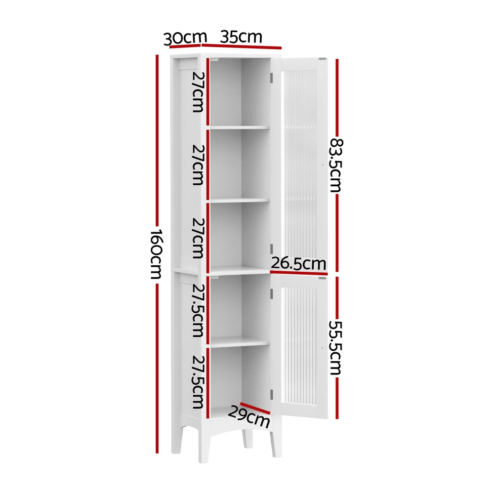 Tall Slim Bathroom Storage Cabinet with Glass Door - 160CM White