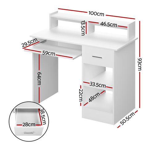 Computer Desk Shelf Drawer Cabinet White 100Cm