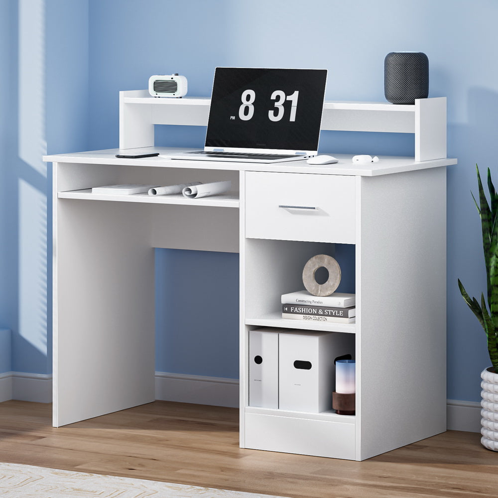 Computer Desk Shelf Drawer Cabinet White 100Cm