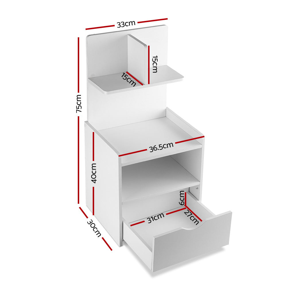 Bedside Table 1 Drawer with Shelves - EVERMORE White