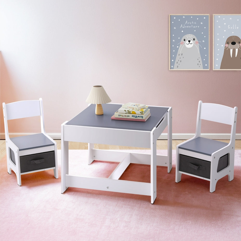 Kids Table and Chairs Set w/ Chalkboard Desk Grey