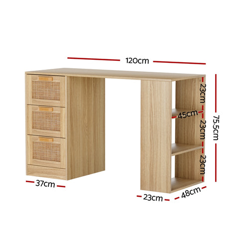 Computer Desk Drawer Shelf Home Office Study Table Rattan Oak 120Cm