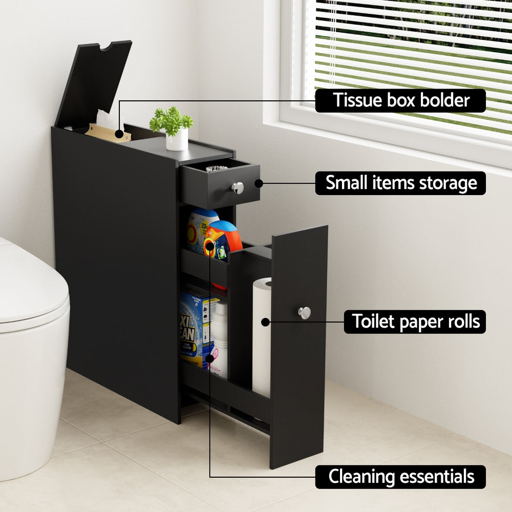 Slim Wooden Bathroom Cabinet with Tissue Box Holder - Black