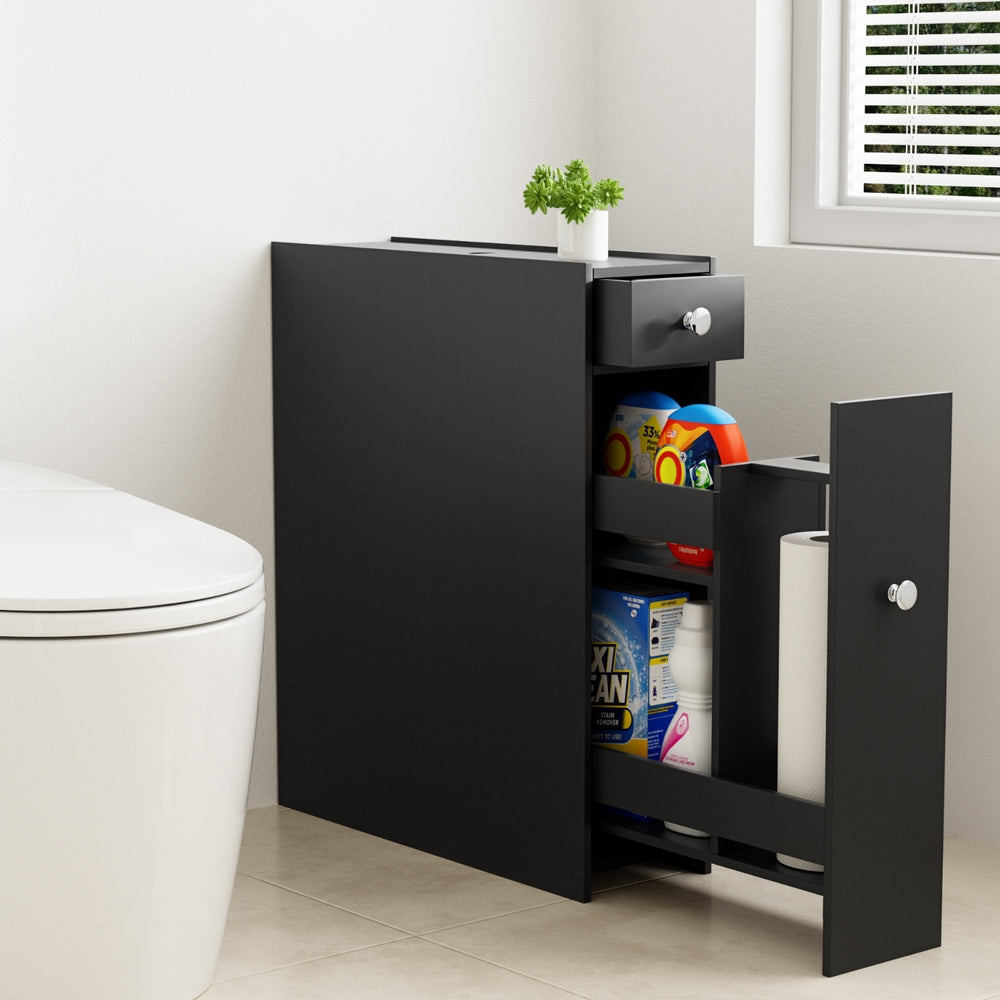 Slim Wooden Bathroom Cabinet with Tissue Box Holder - Black