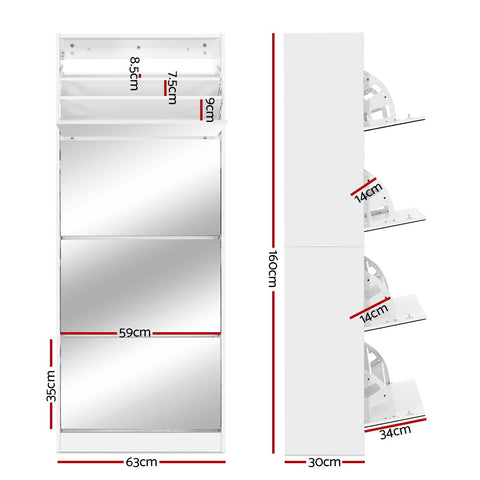 Sleek White Shoe Rack Cabinet with Mirror - 60 Pairs