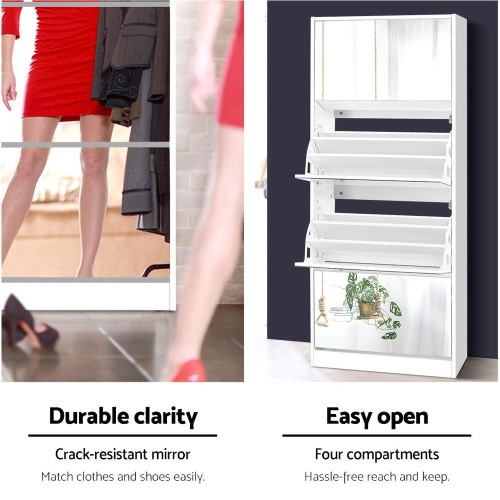Sleek White Shoe Rack Cabinet with Mirror - 60 Pairs