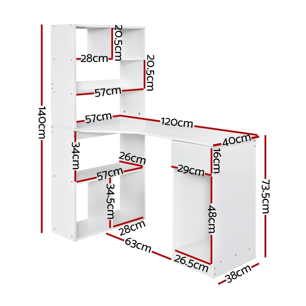 Computer Desk Bookshelf Drawer Cabinet White 120Cm