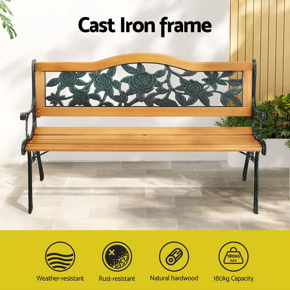 Outdoor Garden Bench Seat 126Cm Wooden Cast Iron 3 Seater Patio Furniture