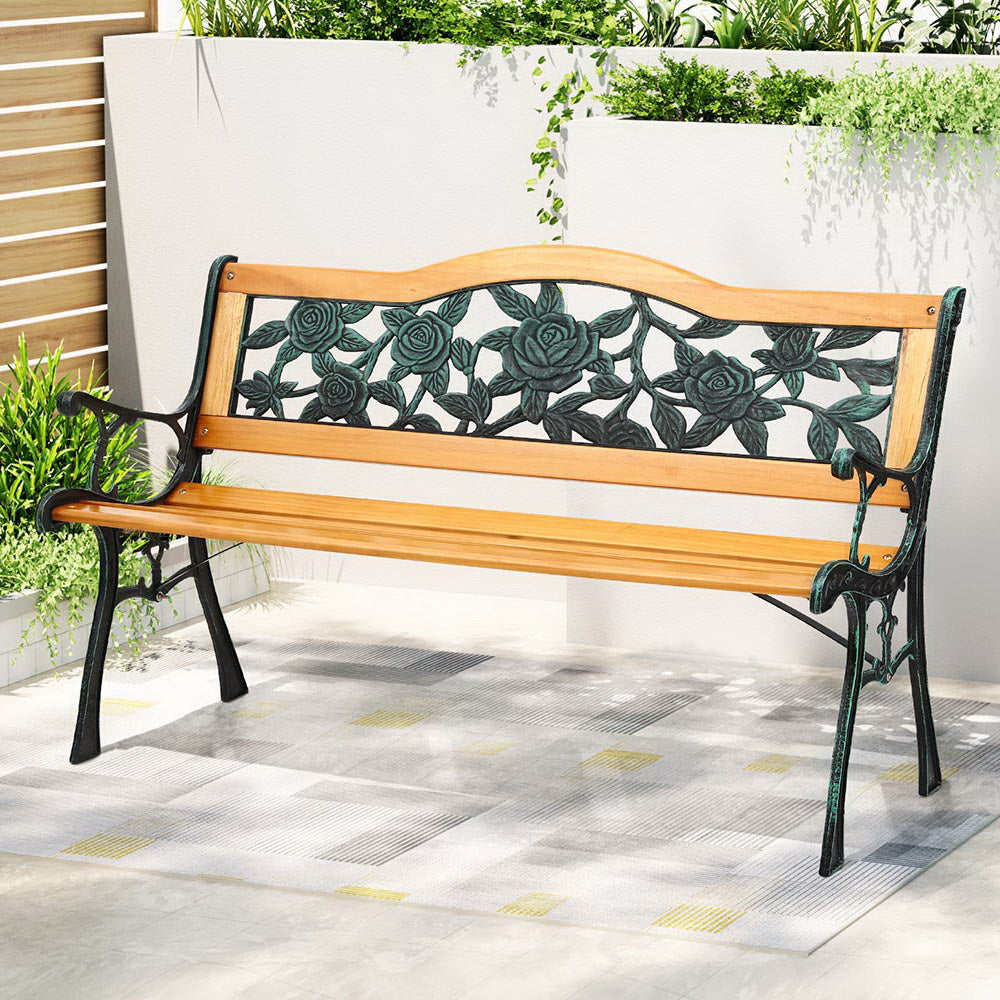 Outdoor Garden Bench Seat 126Cm Wooden Cast Iron 3 Seater Patio Furniture