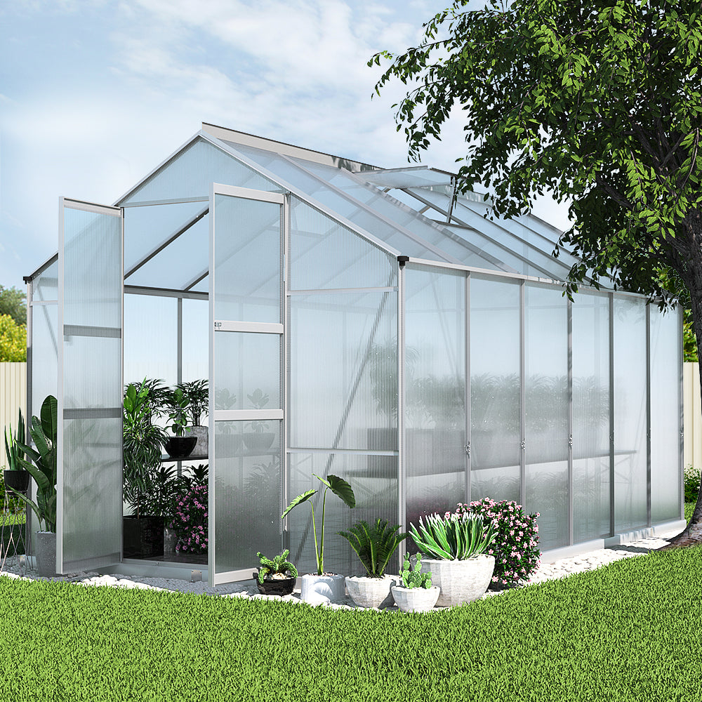 Greenhouse 3.7X2.5X2.26M Double Doors Aluminium Green House Garden Shed