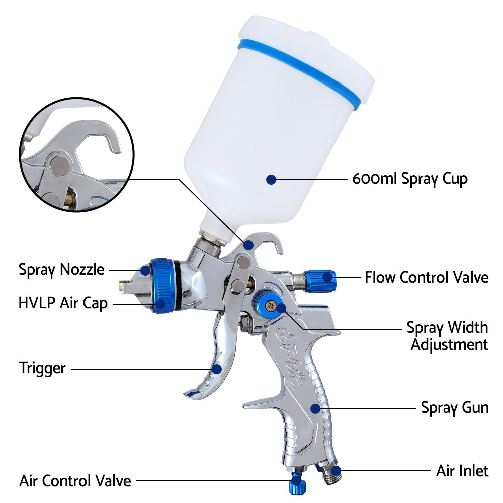 HVLP Air Spray Gun with Gravity Feed Cup and Nozzles