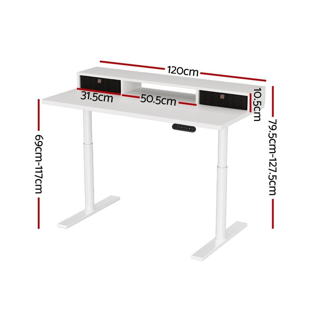 Electric Standing Desk With Storage Rack Shelf Drawers White 120Cm