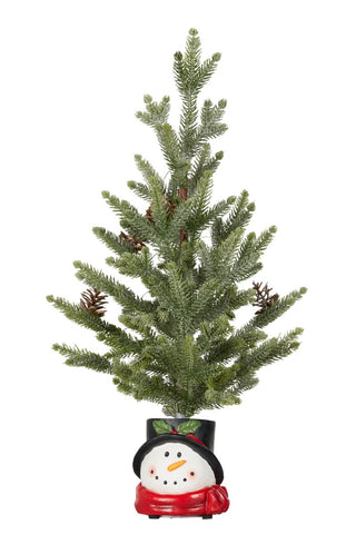 Christmas Tree with Lights in Snowman Pot - 55cm