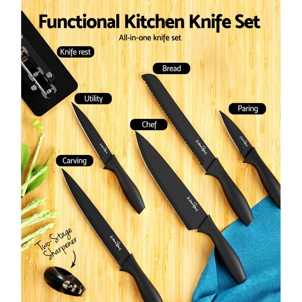 7pcs Kitchen Knife Set Stainless Steel w/ Sharpener Non-stick