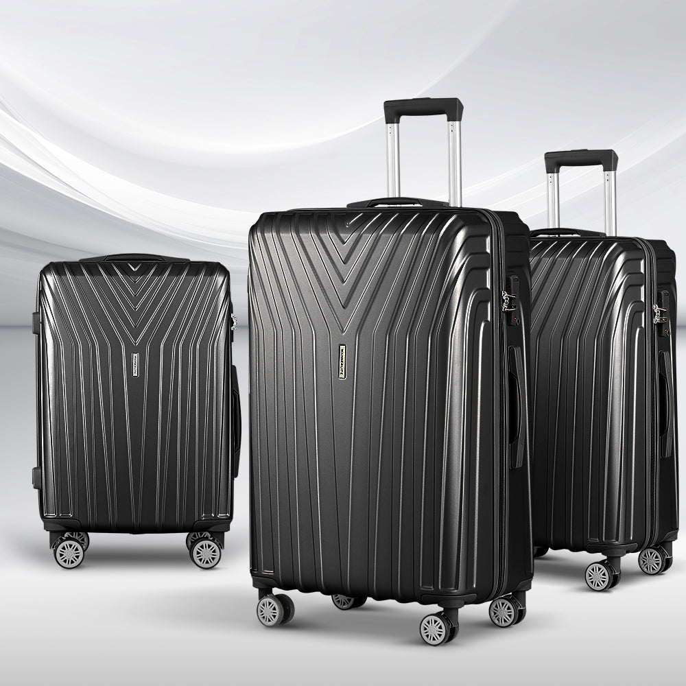 Lightweight 3-Piece Black/Silver Luggage Set - TSA Approved