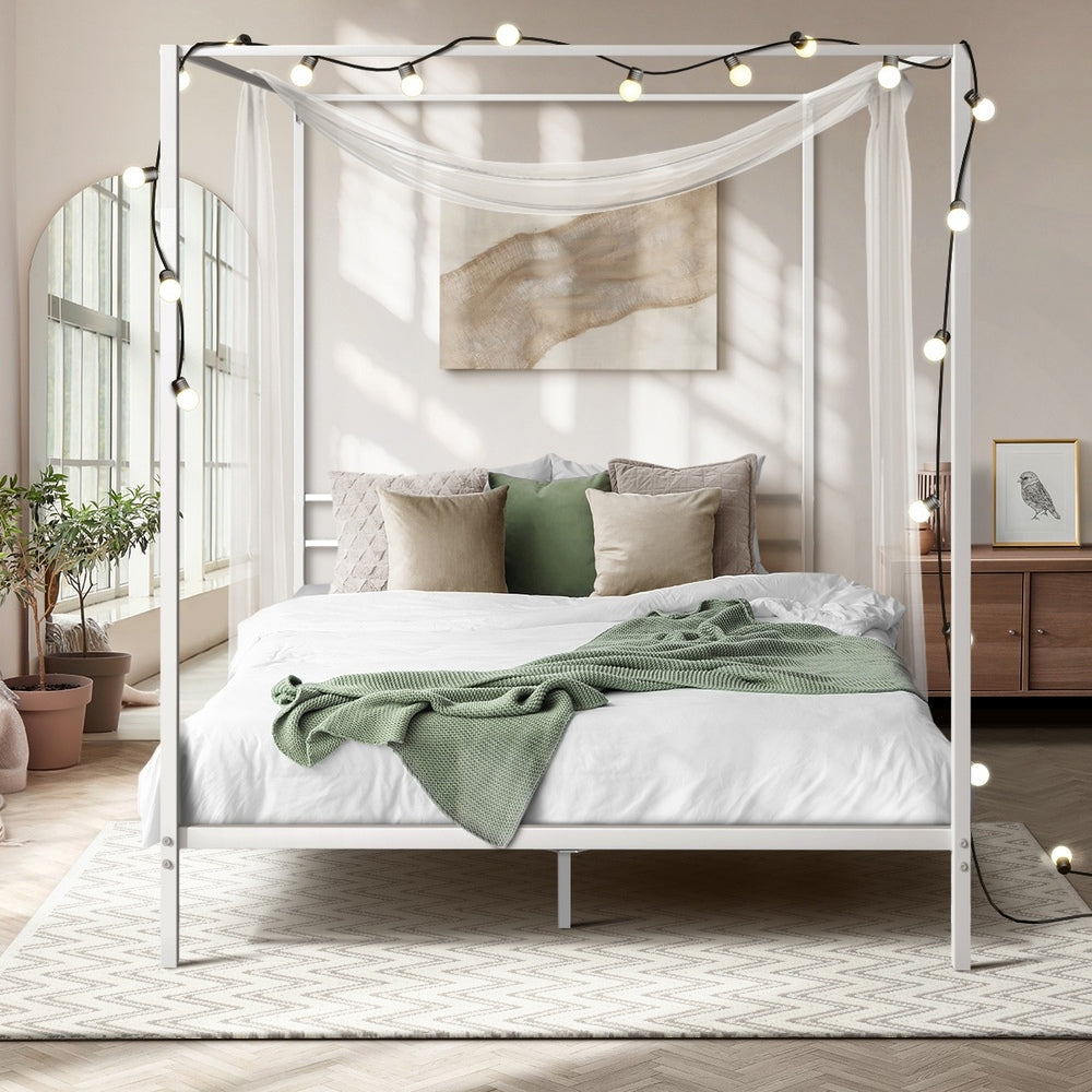 Metal Canopy Bed Frame Double/Queen/Single Size White