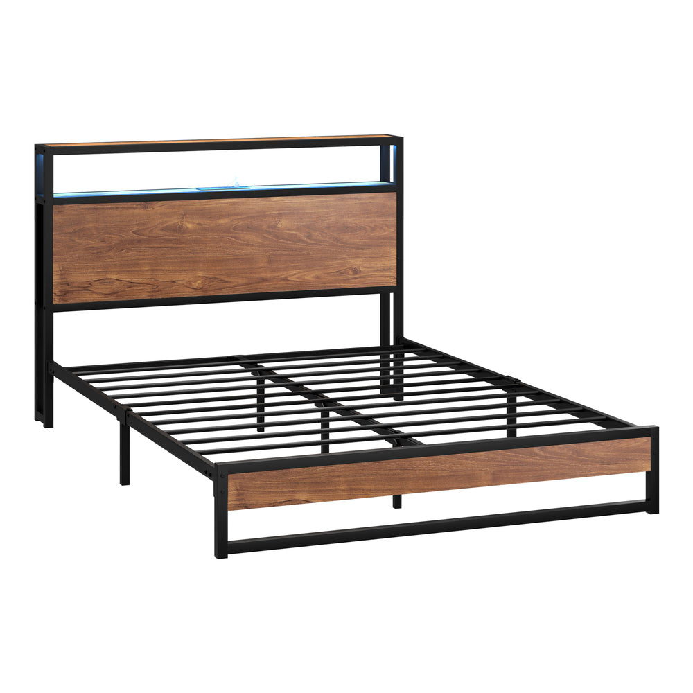 Metal Bed Frame King Size LED Storage Headboard USB Charge