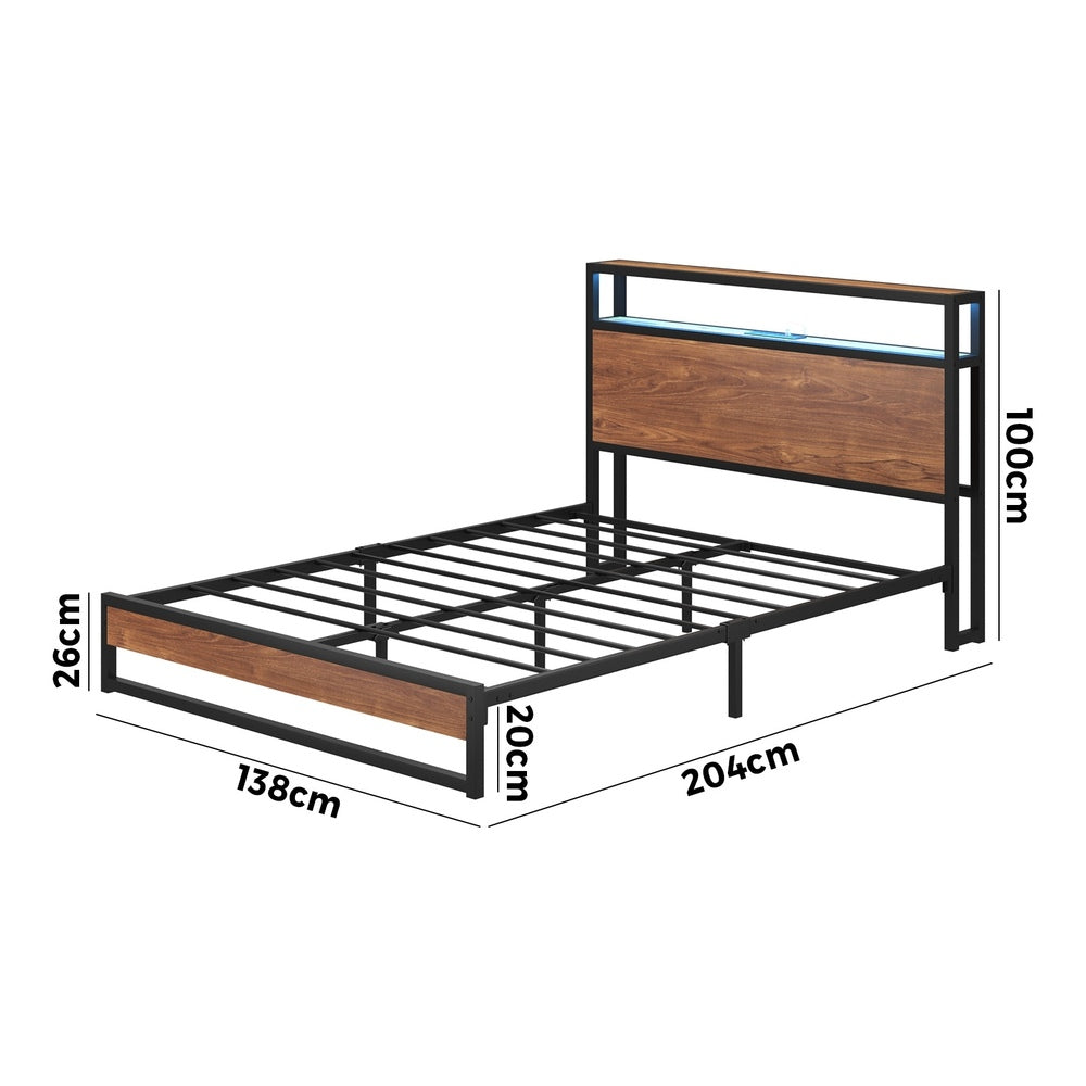 Metal Bed Frame Double Size LED Storage Headboard USB Charge